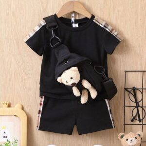 Baby Boy Plaid Tape Tee, Shorts & Bag